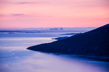 Beautiful scenery at the dusk, view on the sea and small islands in Northern Norway, Scandinavia, Europe