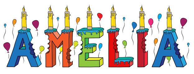 Amelia first name bitten colorful 3d lettering birthday cake with candles and balloons