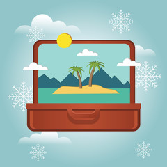 Summer vacation in winter. Planning winter holidays. Open suitcase with a tropical island inside. Traveling and tourism. Vector illustation