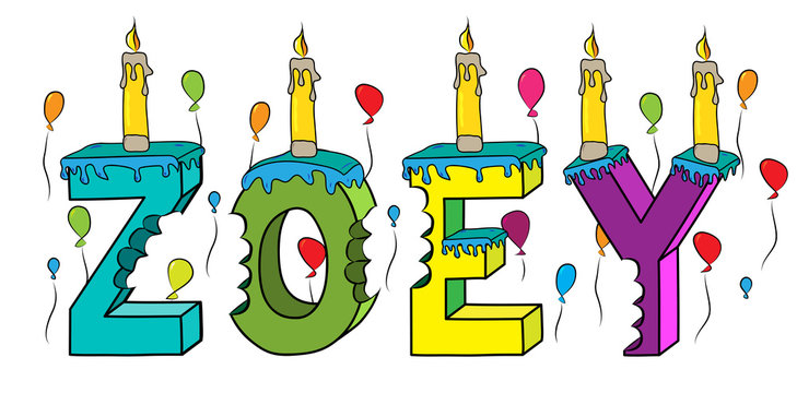 Zoey first name bitten colorful 3d lettering birthday cake with candles and balloons