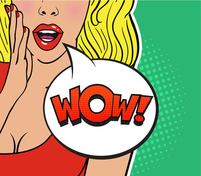 Sexy surprised blond girl in red dress on green background. Comic speech bubble with expression text WOW. Colorful vector illustration of woman face, vintage comics design, pop art style background.