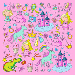 Cute princess Icons set with unicorn, dragon Girl wallpaper Baby shower Invitation Kindergarten, preschool, nursery, birthday, school party