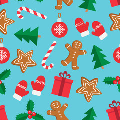 Seamless pattern of Christmas and New Year symbols. Gingerbread man, candy, gift, ball, christmas tree, mistletoe, gloves pattern on blue background. Vector illustration.