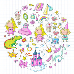 Cute princess Icons set with unicorn, dragon Girl wallpaper Baby shower Invitation Kindergarten, preschool, nursery, birthday, school party
