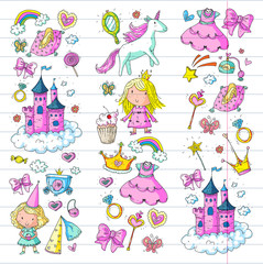 Cute princess Icons set with unicorn, dragon Girl wallpaper Baby shower Invitation Kindergarten, preschool, nursery, birthday, school party