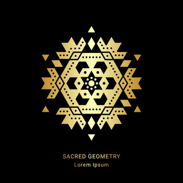 Sacred geometry style symbol. Sacral geometric sign. Metallic golden element. EPS 10 design vector illustration.
