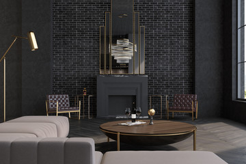 Gray living room, fireplace