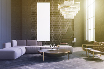 Gray living room, sofa and table, poster toned