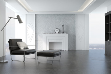 Gray living room, armchair, fireplace