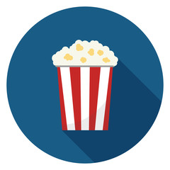 Popcorn icon. Illustration in flat style. Round icon with long shadow.