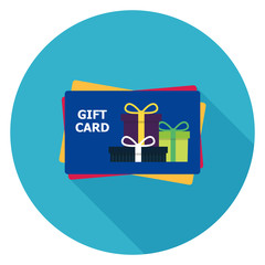 Gift card icon. Illustration in flat style. Round icon with long shadow.