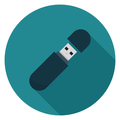 Flash drive icon. Illustration in flat style. Round icon with long shadow.