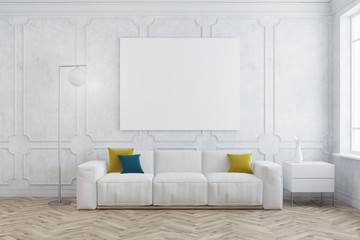 White living room, sofa and poster