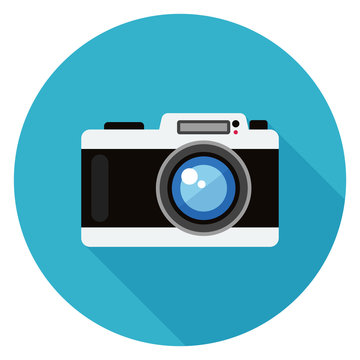 Camera icon. Illustration in flat style. Round icon with long shadow.