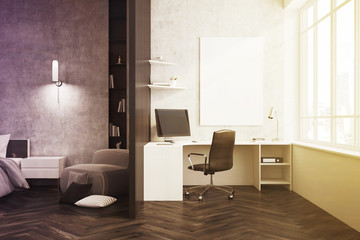 Concrete, black home office interior, poster toned