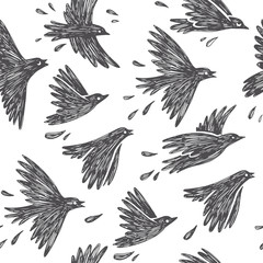 Vector seamless pattern with flying flock of birds. Hand drawn baby texture with cute animal