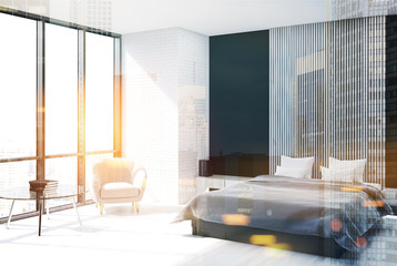 White, black and wooden bedroom, poster side toned