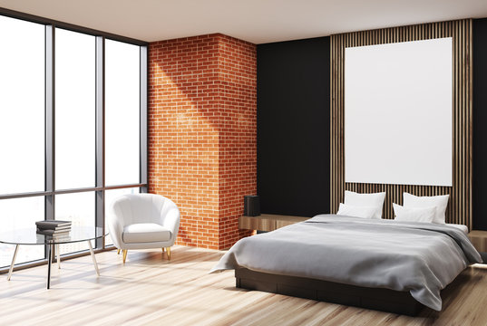 Black, brick and wooden bedroom corner, poster