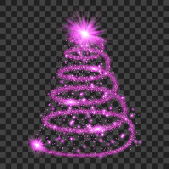 Purple particle wave in form of christmas tree with bright shining and glowind particles isolated on transparent background. Glitter bright trail, glowing wave vector illustration