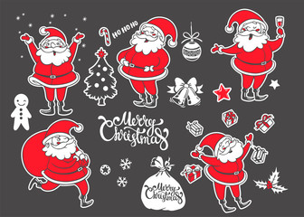 Vector set of cartoon Christmas characters and objects. Hand drawn illustration of Santa Claus in different actions and other New Year symbols. Winter holiday stickers