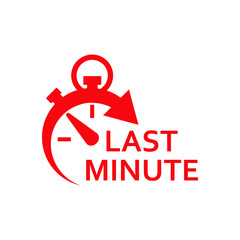 Icono plano cronometro con LAST MINUTE rojo en fondo blanco