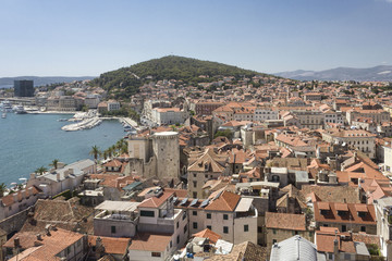 Fototapeta na wymiar View from the top of the bell tower of Split city and adriatic sea