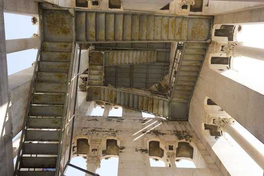 Looking up inside Saint Domnius bell tower in Split, Croatia