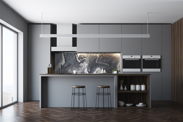 Dark gray kitchen, bar and window