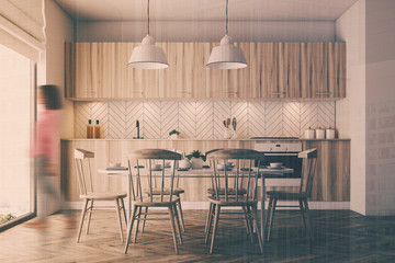 Wooden dining room, wooden chairs blur