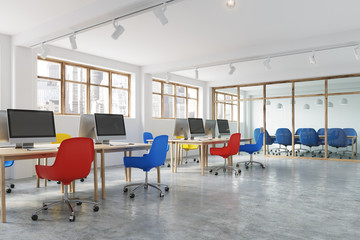 Blue and red chairs office corner