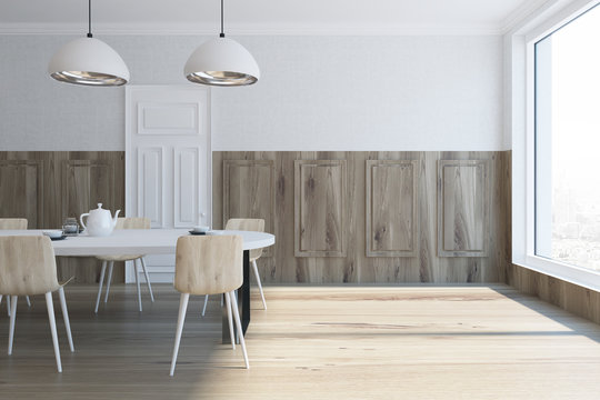 Wooden and white dining room interior