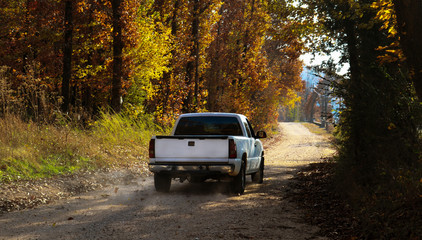 Obraz na płótnie Canvas White pickup truck driving down dusty dirt road with fall leaves and dust behind