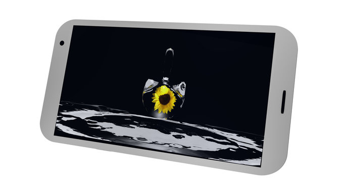 Handy auf dessen display ein Bild mit einem Wassertropfen und einer Sonnenblume ist