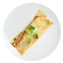 Pancake with cheese shot from above, isolated