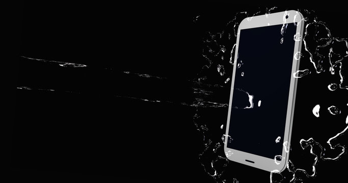 Wasserstrahl spritzt auf das Display eines Handys.