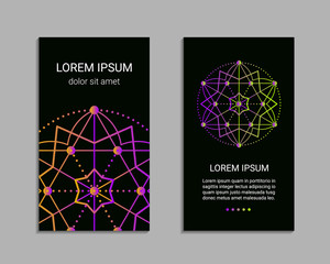 Flyer design inspired by sacred geometry. Vertical blanks with sacral geometric signs. Line art colorful brochure pattern. EPS 10 vector card templates.