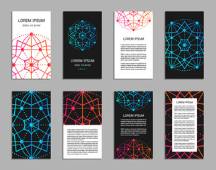 Flyer design inspired by sacred geometry. Vertical blanks with sacral geometric signs. Line art colorful brochure pattern.  Front and back pages. Clipping masks. EPS 10 vector card templates.