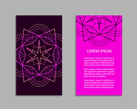 Flyer design inspired by sacred geometry. Vertical blanks with sacral geometric signs. Line art colorful brochure pattern. EPS 10 vector card templates.