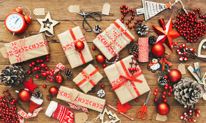 Christmas Gift Box and Decorations On Wooden Background. Merry Christmas and Happy New Year Concept..