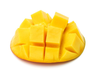 Slice of mango on a white background.