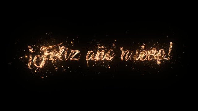 Happy New Year greeting text in Spanish with particles and sparks on black background, beautiful typography magic design.