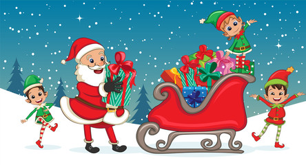 Santa Claus and Christmas elves with many Christmas presents
