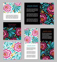 Embroidery style flyer set with bright colorful flower and leaf pattern. Ethnic ornamental blanks. Rustic design brochure collection. EPS 10 vector. Clipping masks