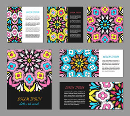 Embroidery style flyer set with bright colorful mandala. Ethnic ornamental blank. Oriental design concept. Eastern collection. EPS 10 vector. Clipping masks
