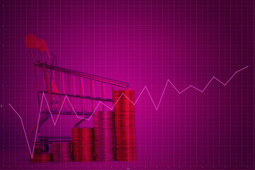 Double exposure of step coins stacks and shopping cart or supermarket trolley with financial graph, business finance concept.