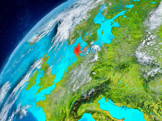 Fototapeta na wymiar Space view of Denmark in red