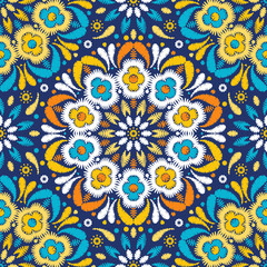 Embroidered mandala seamless pattern. Needlework floral background. EPS 10 vector embroidery template.