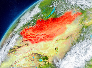 Space view of Mongolia in red