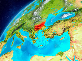 Space view of Bulgaria in red