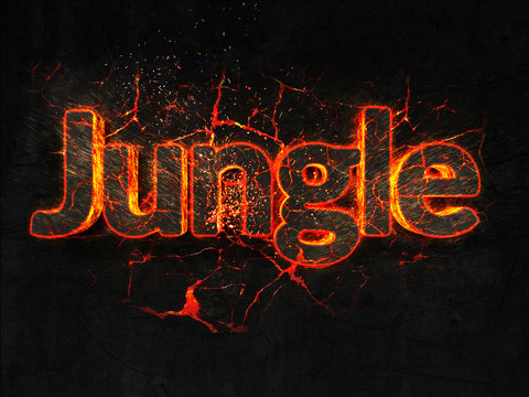 Jungle Fire text flame burning hot lava explosion background.